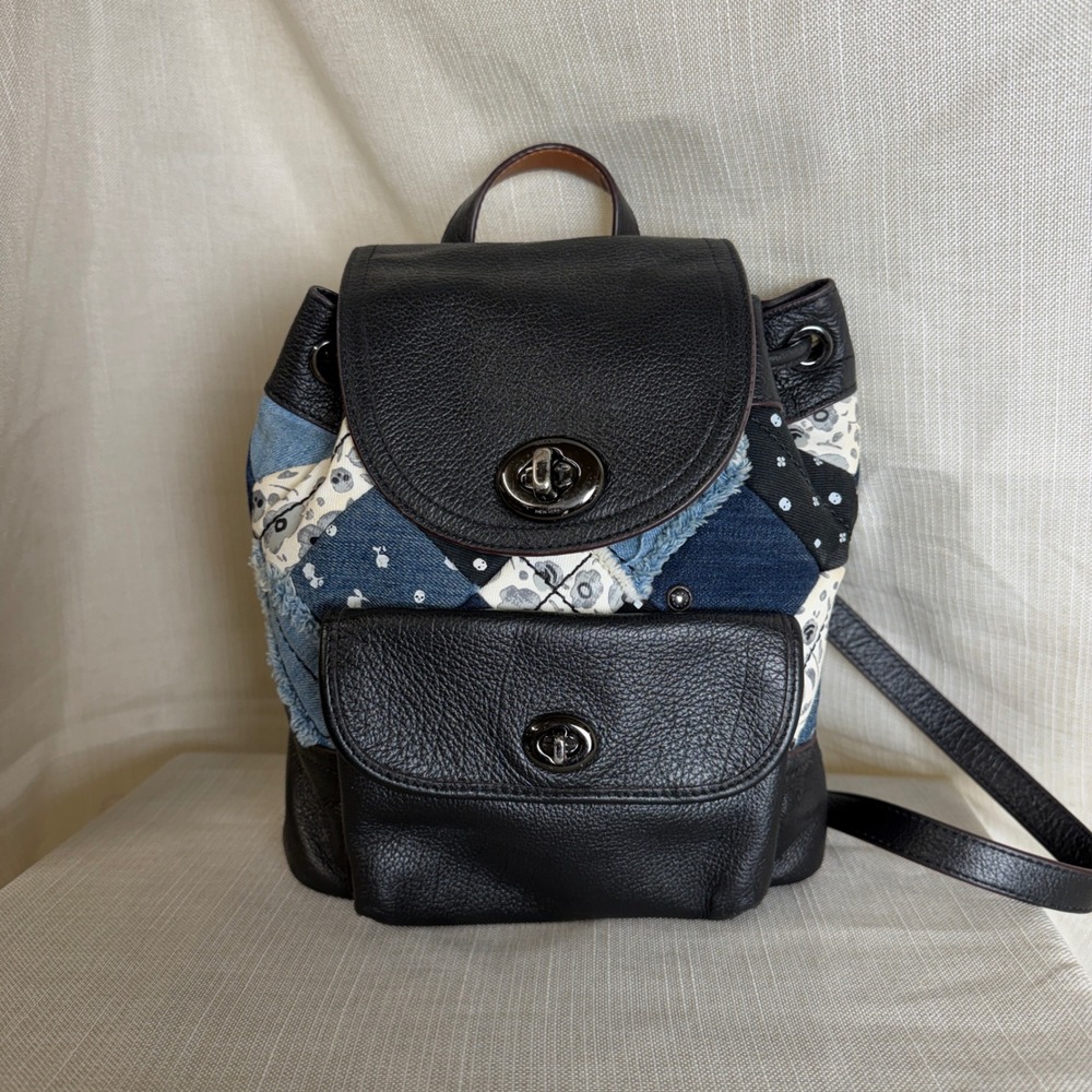 Coach Rare Mini Backpack Black Pebbled Leather Denim Patchwork Blue Turnlock